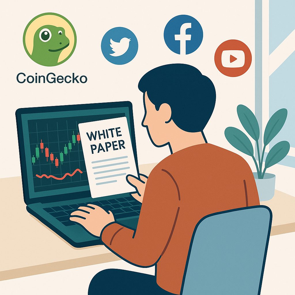 A person analyzing crypto charts and reading a whitepaper on a laptop, with icons of CoinGecko and social media around, in a bright, modern workspace.