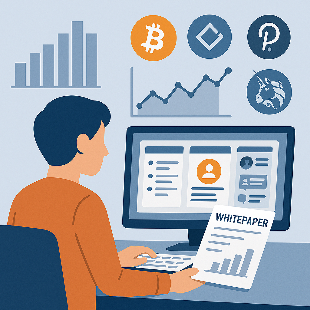A person at a computer analyzing crypto project data, reading whitepapers, and browsing social media channels, with charts and project logos in the background.