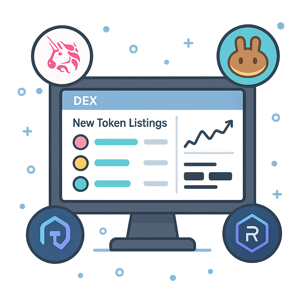 A computer screen displaying a DEX interface with new token listings and analytics, surrounded by Uniswap, PancakeSwap, and Raydium logos.