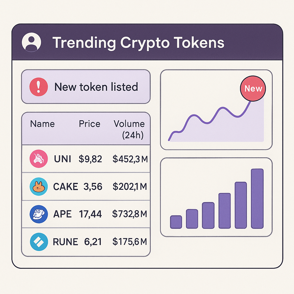 A dashboard displaying trending crypto tokens on a decentralized exchange, with notifications and charts highlighting new listings.