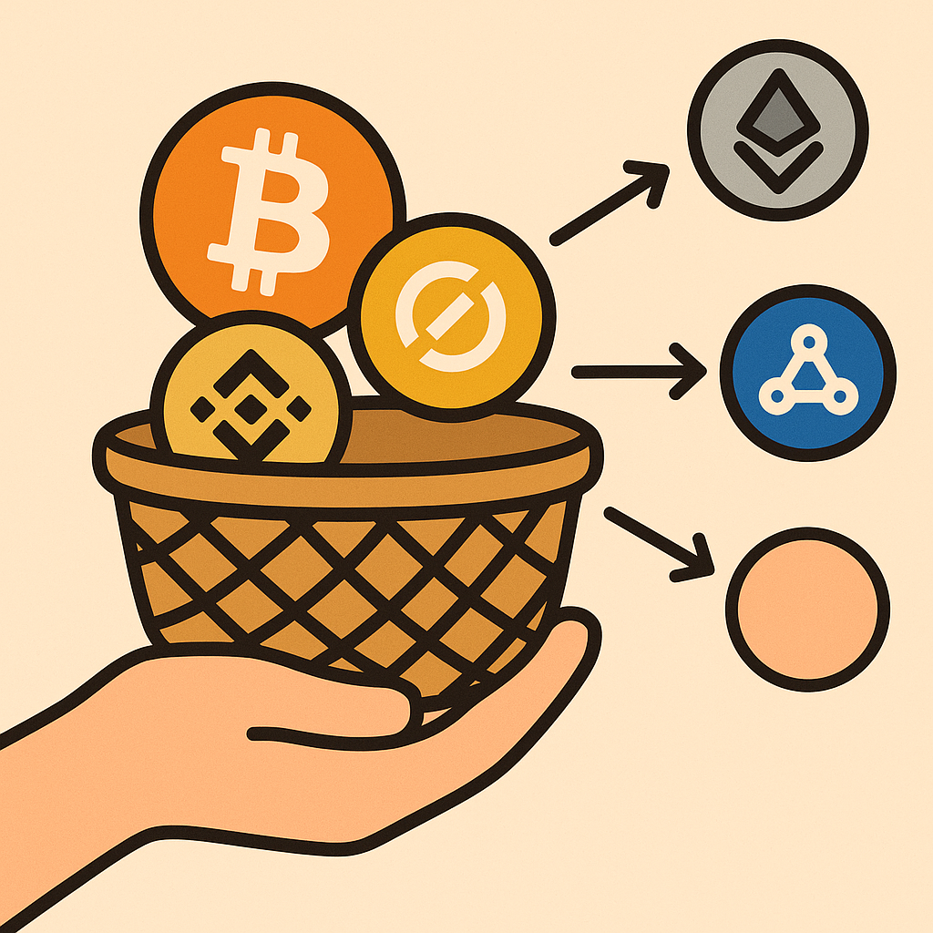 A hand holding several different colored crypto coins, with charts showing diversified investments and a pie chart indicating allocation.