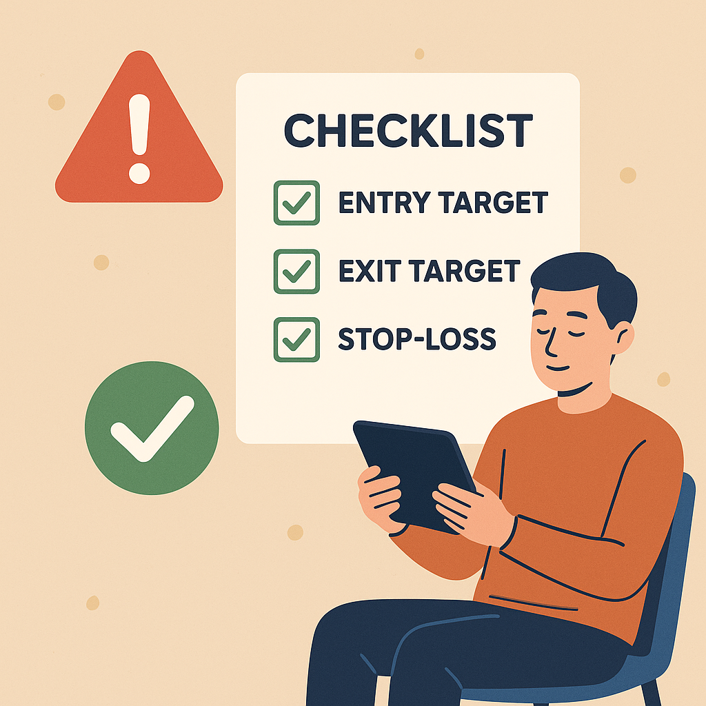 A checklist with entry and exit targets, a stop-loss icon, and a calm investor reviewing their portfolio on a tablet, with warning and checkmark symbols.