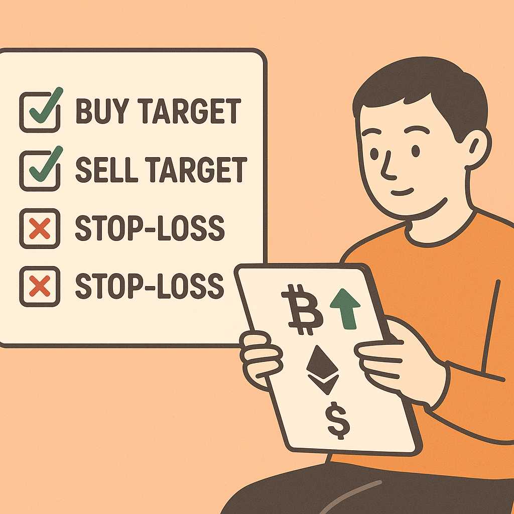 A checklist with buy/sell targets, stop-loss icons, and a person calmly reviewing their crypto portfolio on a tablet.