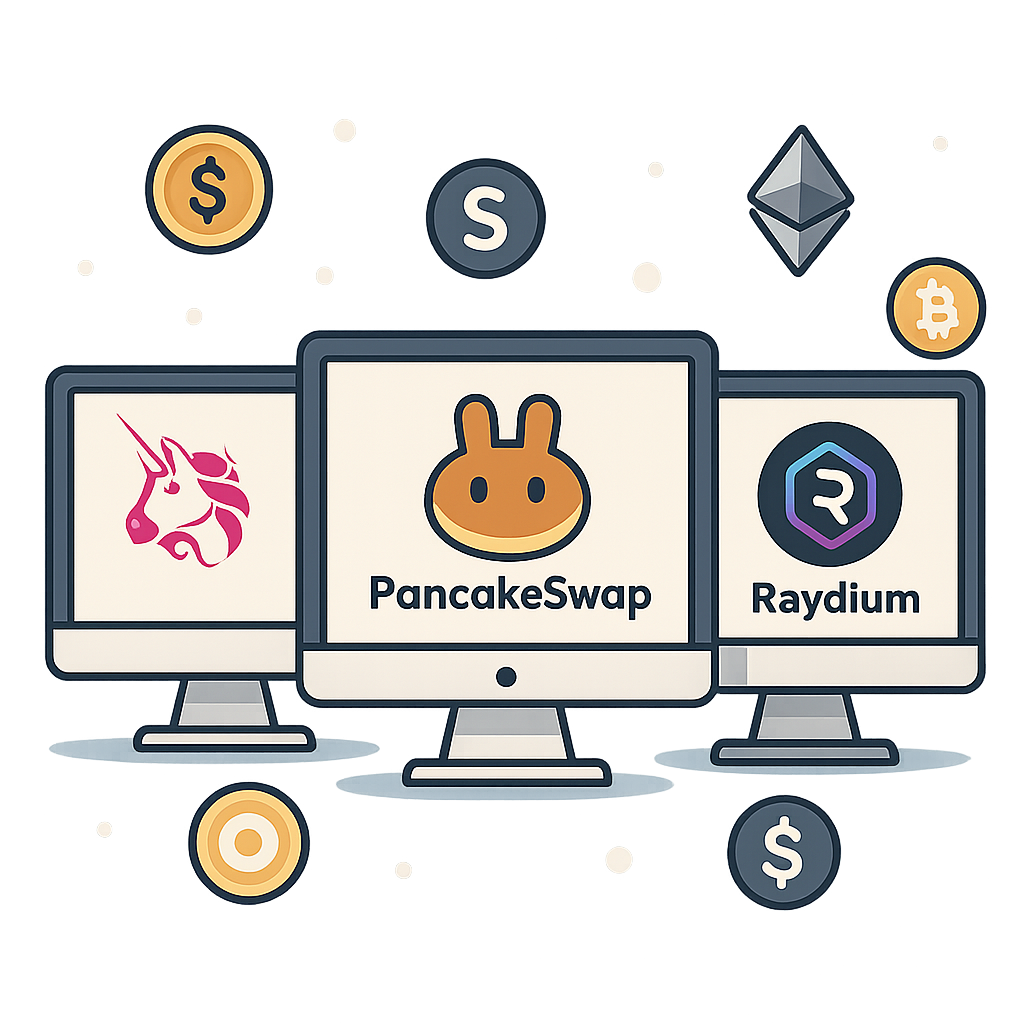 A friendly, modern interface showing the Uniswap, PancakeSwap, and Raydium logos on computer screens, with crypto tokens floating around.