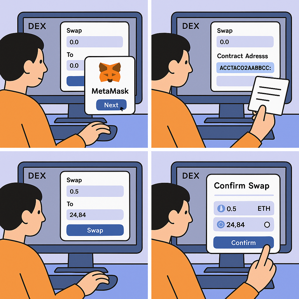 A user connecting MetaMask to a DEX interface, carefully pasting a contract address, and confirming a small swap transaction.