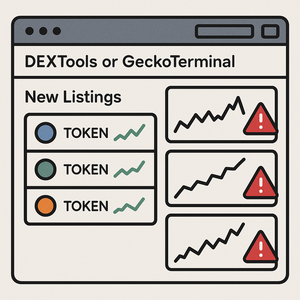 A dashboard view of DEXTools or GeckoTerminal highlighting new crypto token listings with charts and alerts.