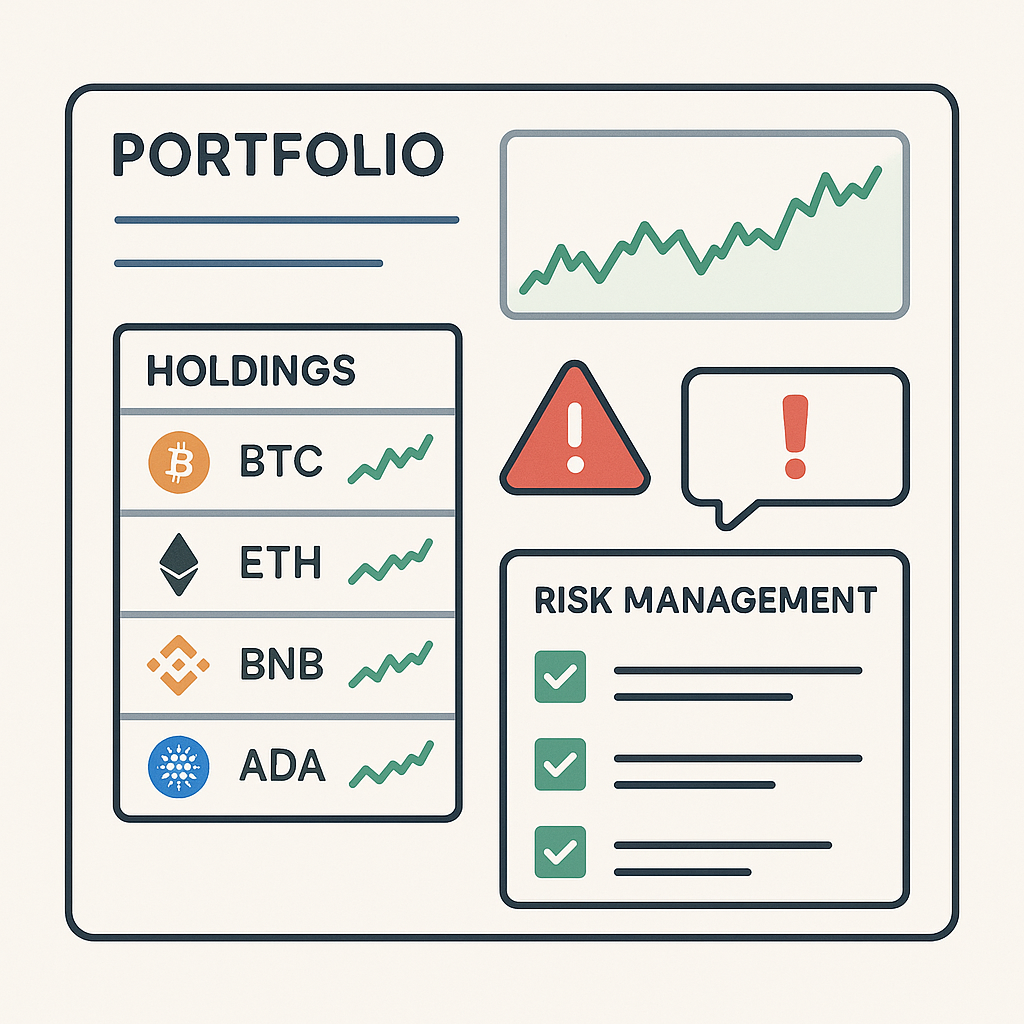 A portfolio dashboard with multiple small crypto holdings, showing charts, alerts, and a checklist for risk management.