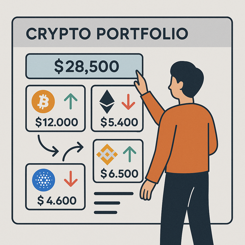 A dashboard showing a crypto portfolio with changing values, arrows indicating rebalancing, and a person making adjustments.