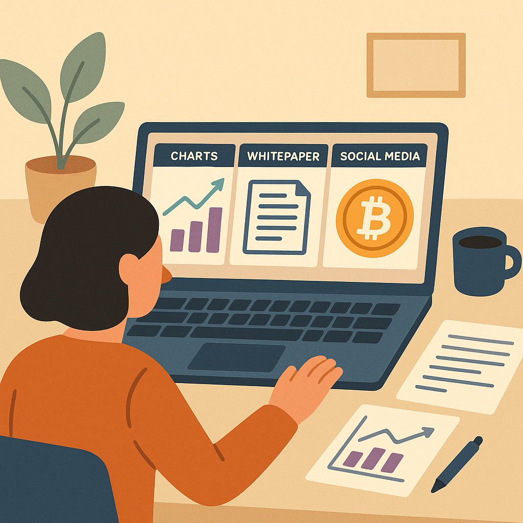 A person analyzing crypto project data on a laptop, with charts, whitepapers, and social media tabs open, in a cozy workspace.