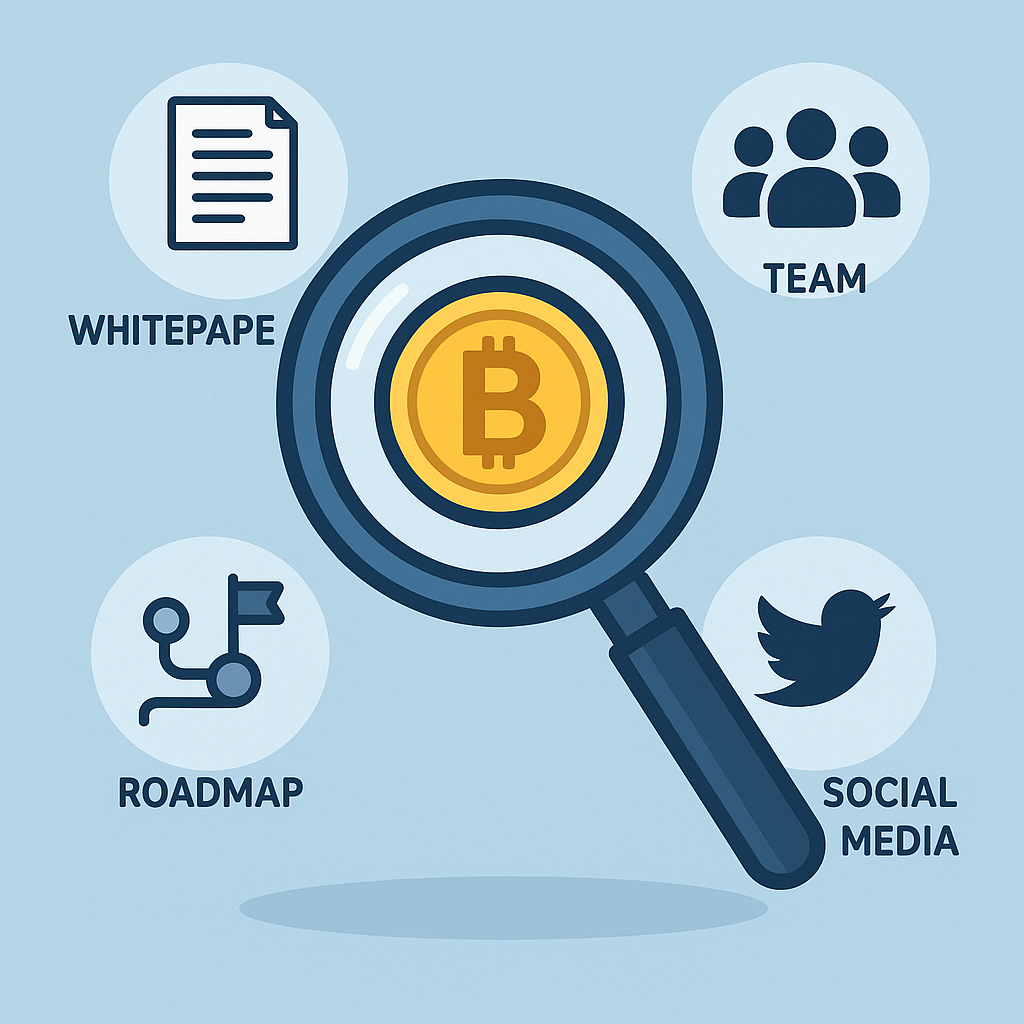 A magnifying glass examining a crypto token, with icons for whitepaper, team, roadmap, and social media around it.