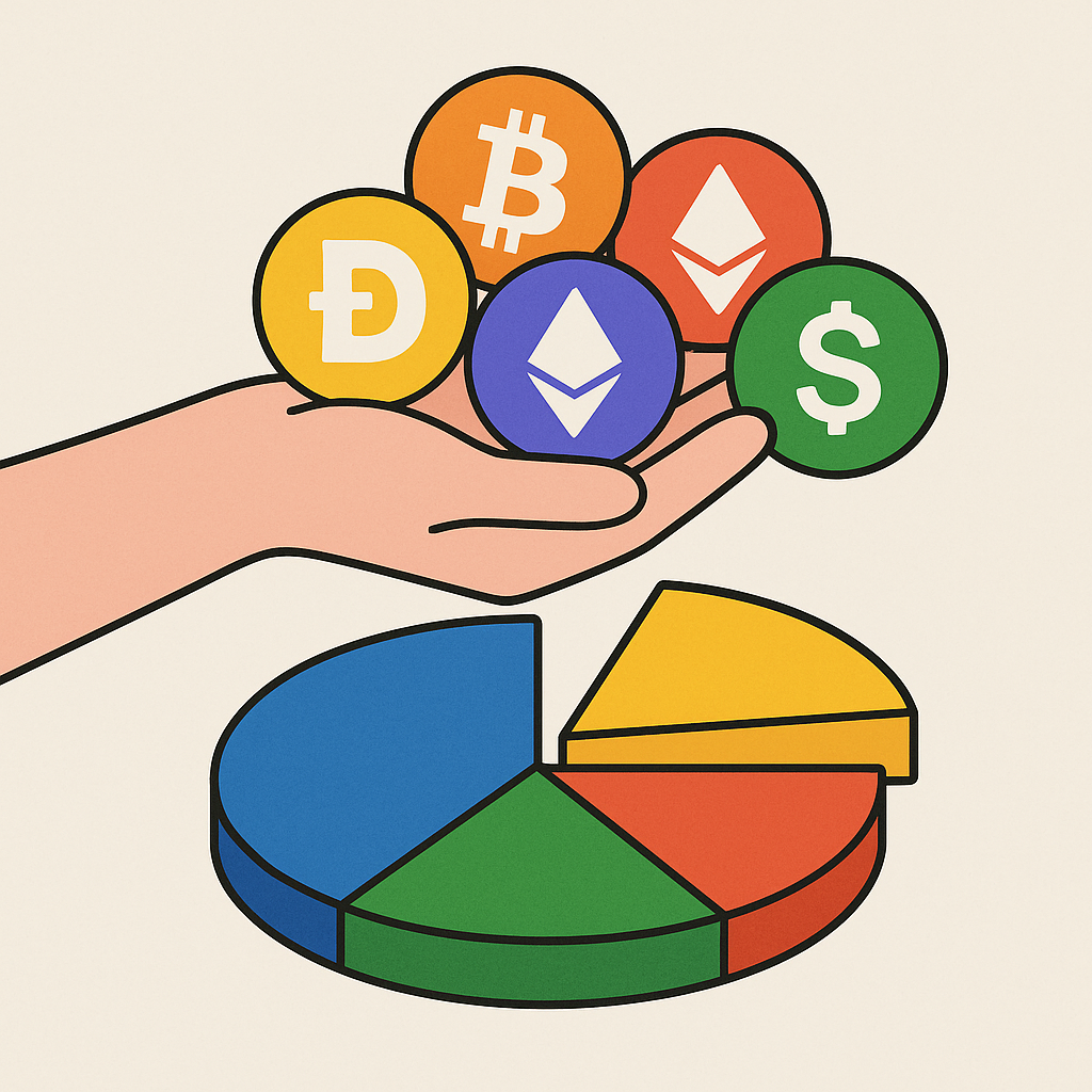 A hand holding several different colorful coins, each labeled with unique crypto logos, over a diversified pie chart.