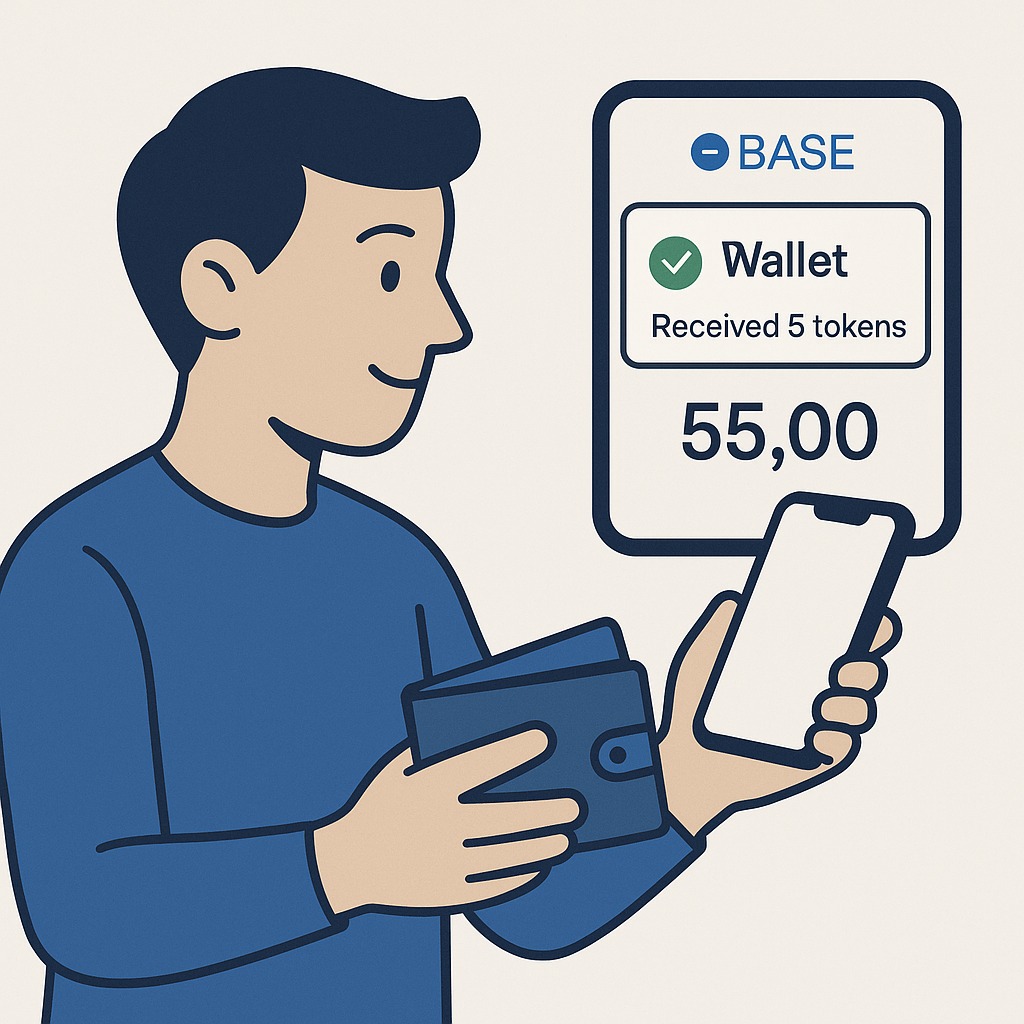 A user checking their wallet balance on the Base network, with a notification showing successful receipt of tokens.