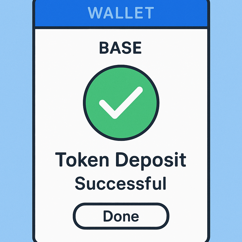 A wallet interface on the Base network displaying a successful token deposit after bridging, with a checkmark or confirmation icon.