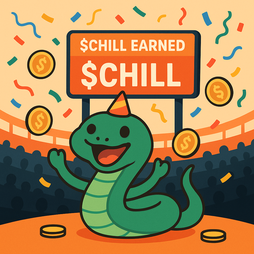 snake avatar celebrating with coins and confetti in a lively arena, scoreboard showing $CHILL earned