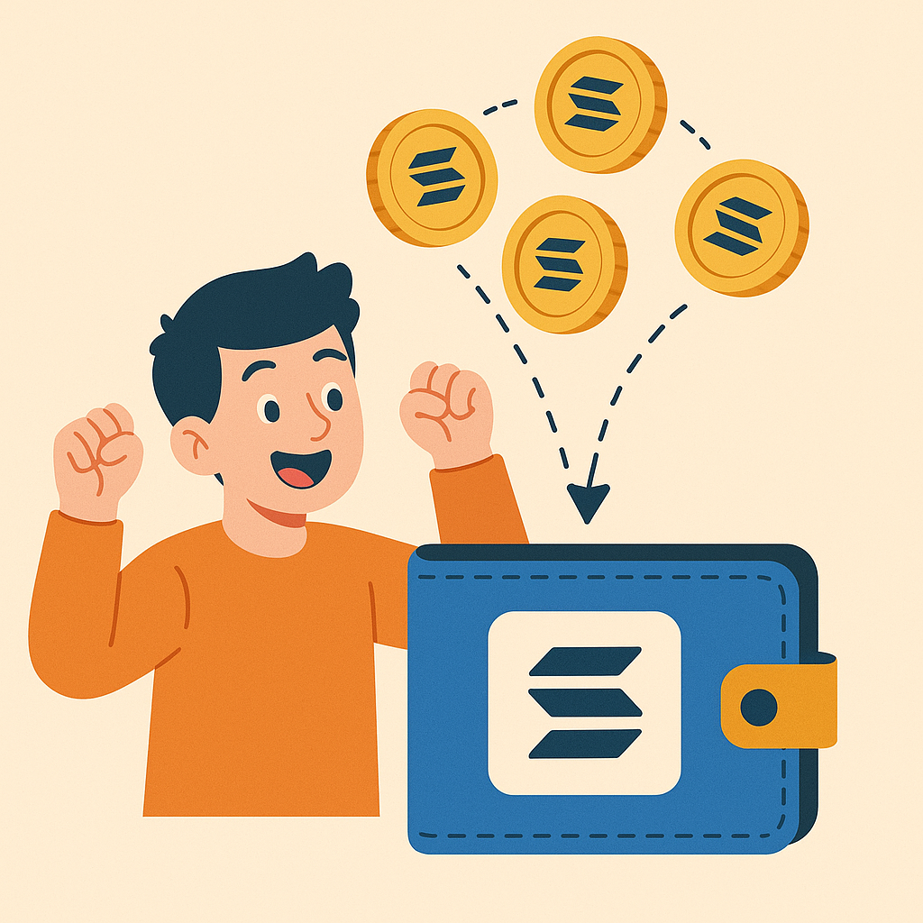 fun illustration of coins (SOL) being transferred into a digital wallet, with excitement and anticipation