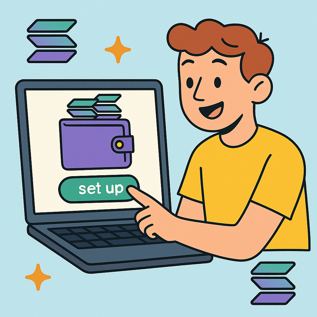 cartoon character setting up a digital wallet on a computer, with Solana logos and playful energy