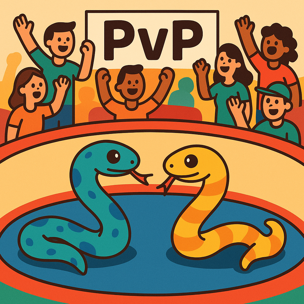 animated snake characters preparing for a PvP match in a colorful arena, players cheering