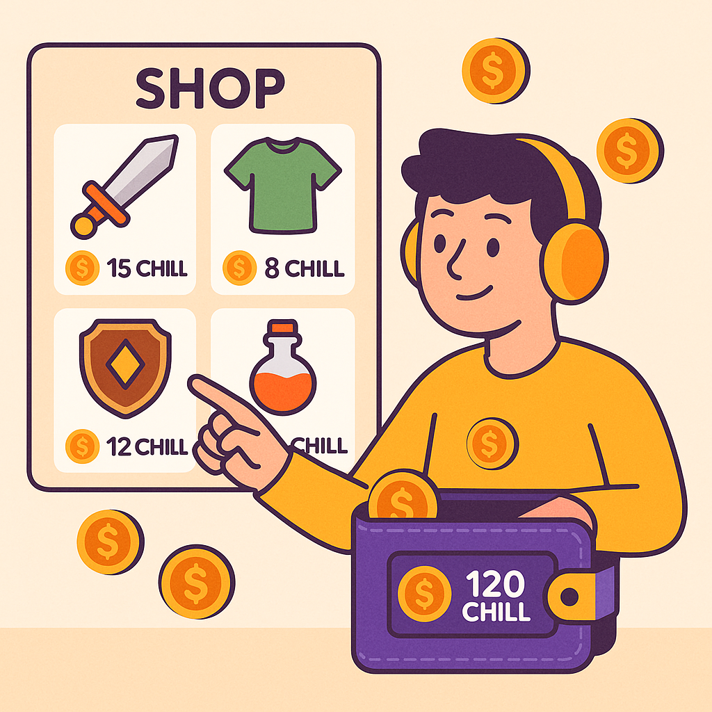 player shopping for in-game items with $CHILL tokens, digital wallet open, fun atmosphere