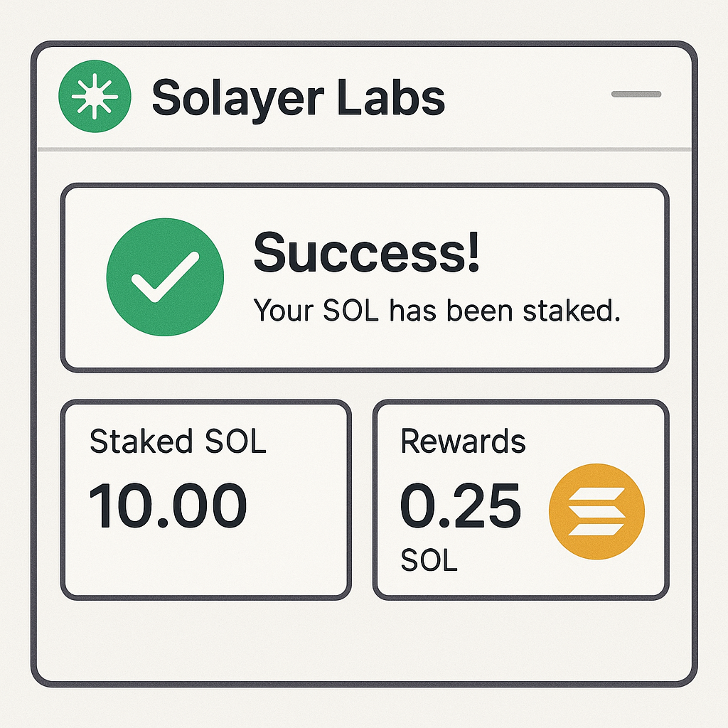 A success message on the Solayer Labs dashboard showing staked SOL and rewards