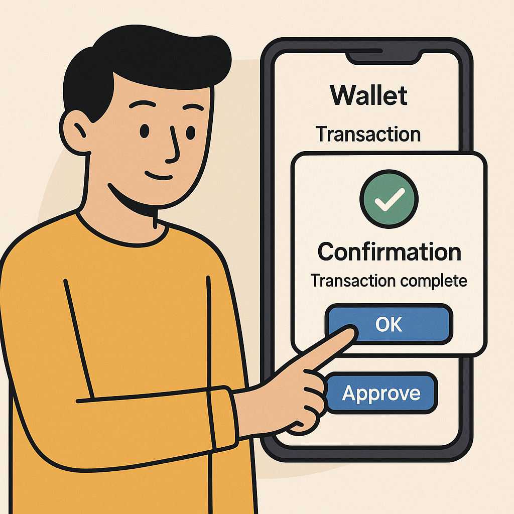A user approving a transaction on their wallet app, with a confirmation pop-up