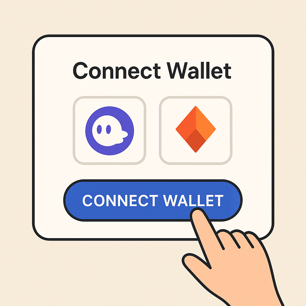 A user clicking a 'Connect Wallet' button, with wallet icons (Phantom, Solflare) visible