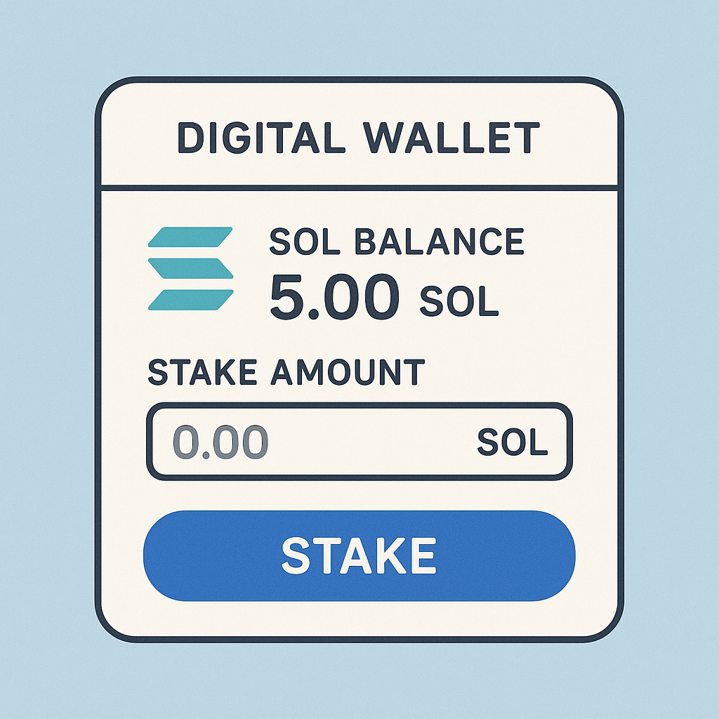 A digital wallet interface showing SOL balance and an input field for staking amount