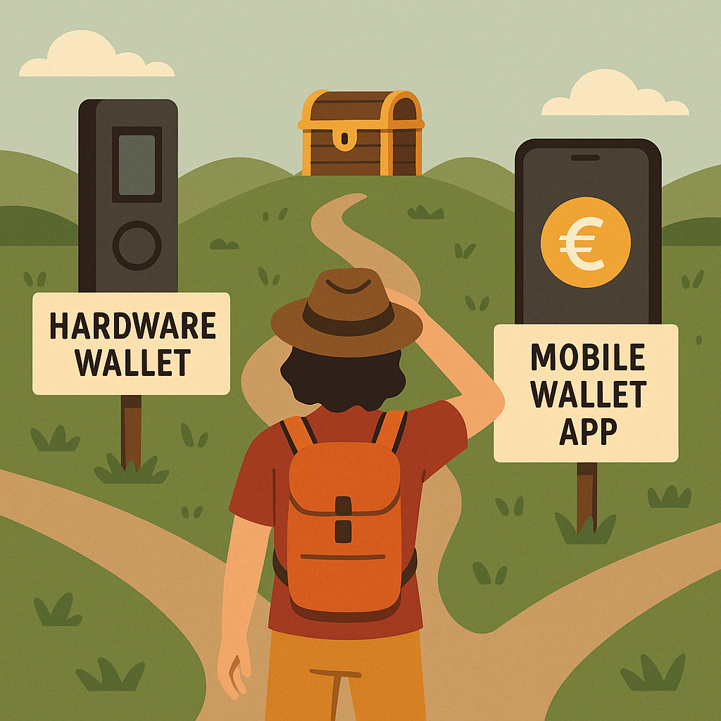 A person standing at a crossroads, choosing between a hardware wallet and a mobile wallet app, with a treasure chest in the background, adventurous style