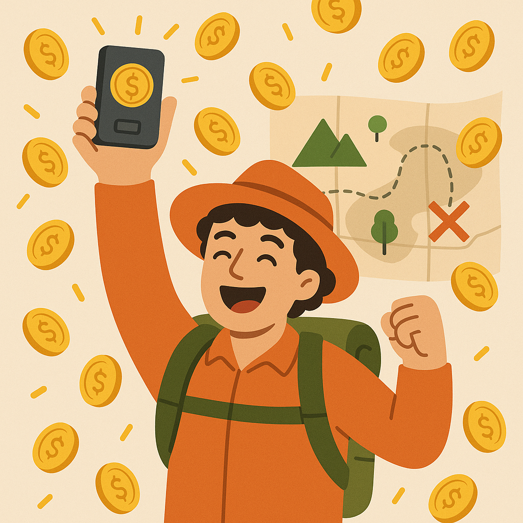 A joyful adventurer holding up a self-custody wallet with coins raining down, a completed map in the background, festive atmosphere