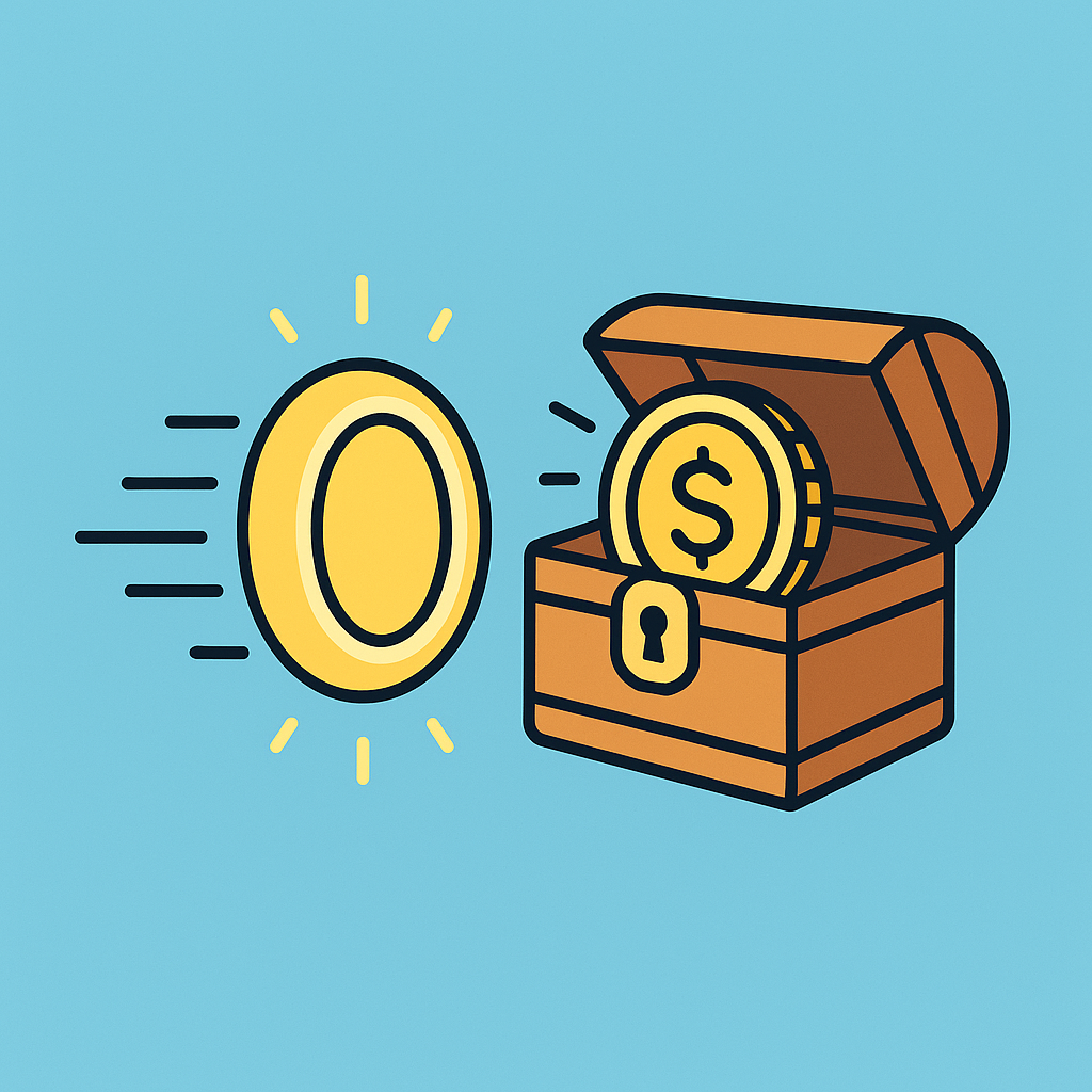 A digital coin traveling through a glowing tunnel and arriving in a secure treasure chest, symbolizing successful transfer.