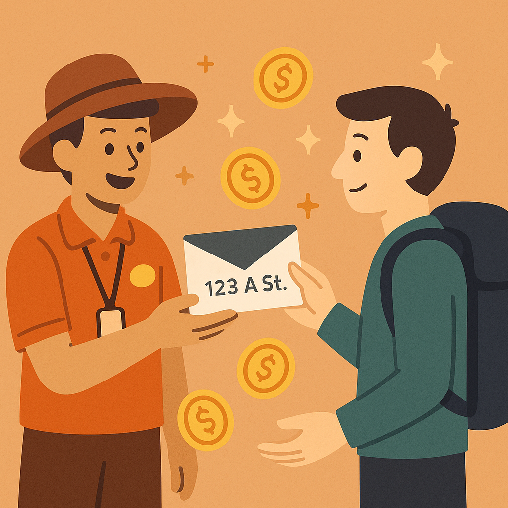 A digital envelope with a unique address, being handed to a traveler by a friendly guide, coins sparkling around