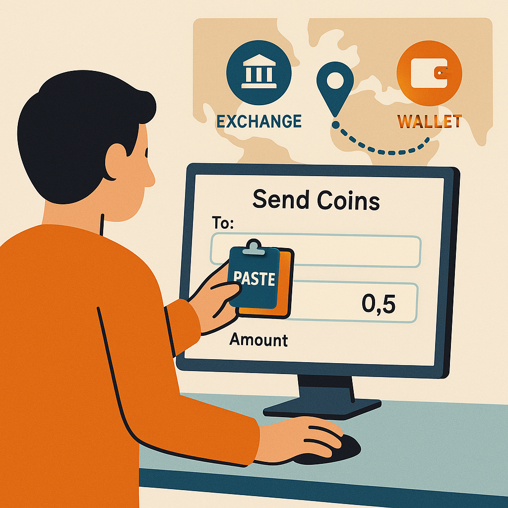 A person at a computer, pasting an address and sending coins from an exchange to a wallet, with a map showing the journey