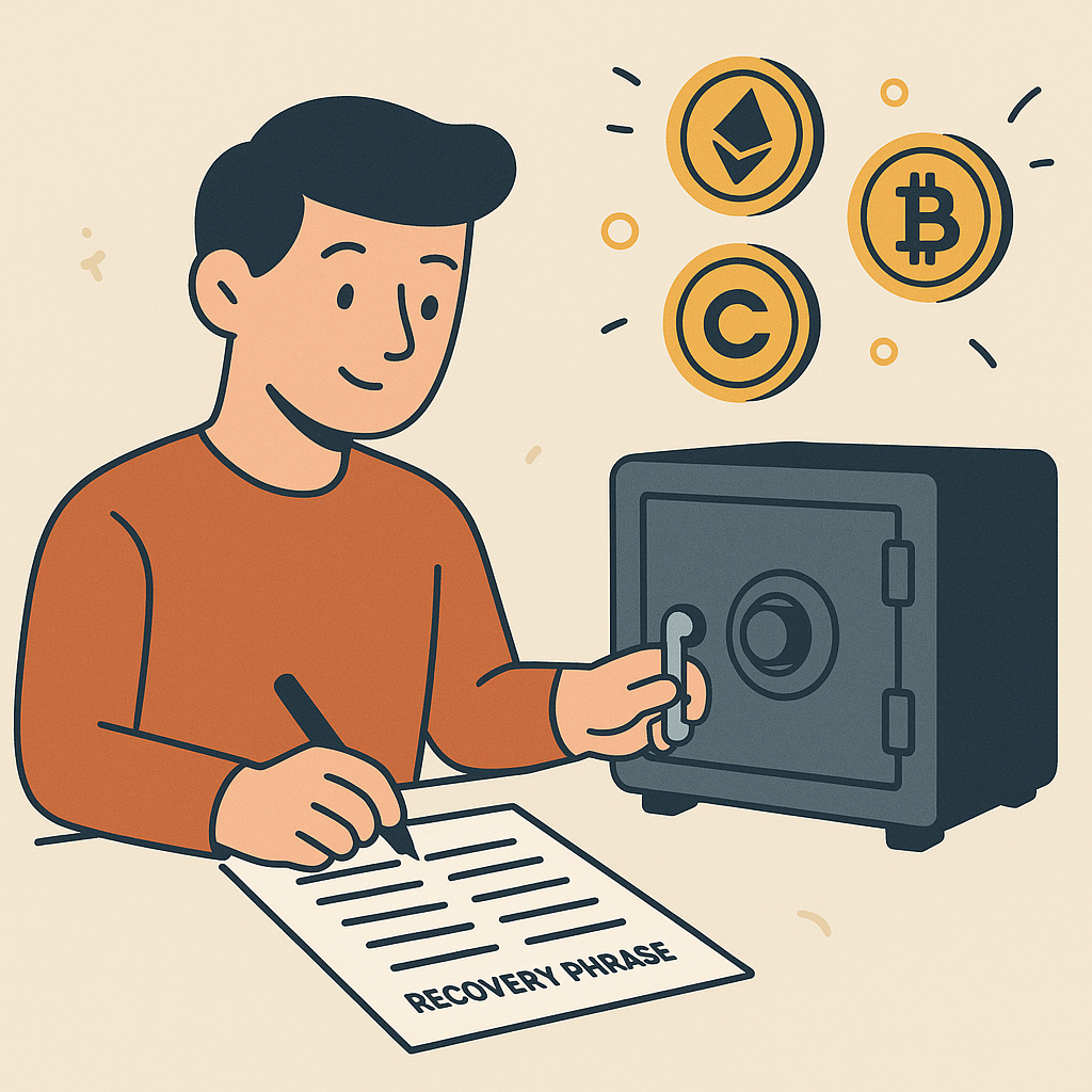 A person writing a recovery phrase on paper, locking it in a safe, with digital coins floating nearby, secure and adventurous vibe