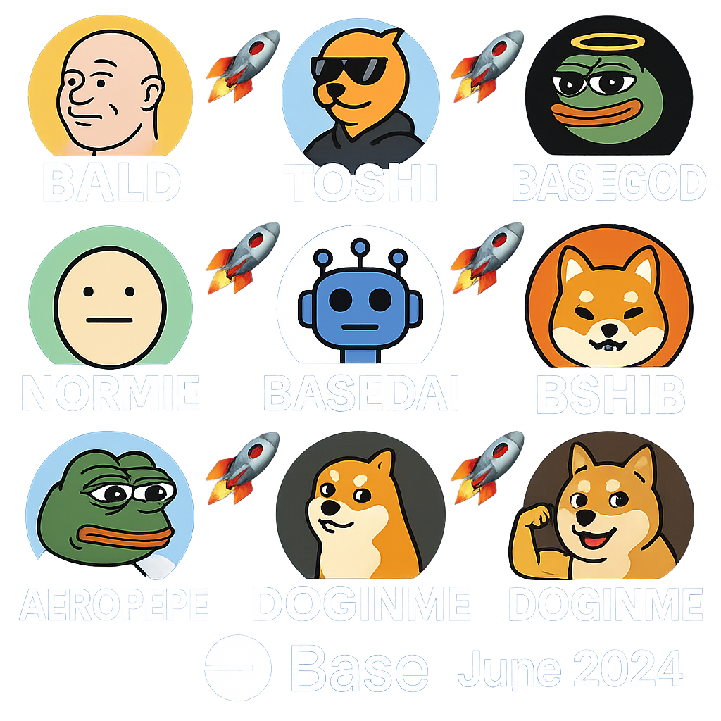 Collage of top 10 trending Base memecoins logos with rocket emojis, including Bald, Degen, Toshi, BaseGod, Normie, BasedAI, BasedShiba, Aero Pepe, Base Pepe, and Doginme, June 2024