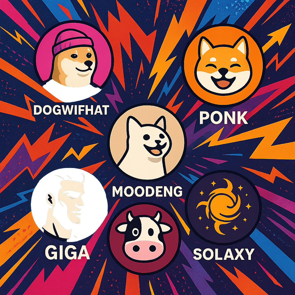 Collage of top Solana memecoin logos WIF, BONK, POPCAT, GIGA, MOODENG, SOLAXY with dynamic market-themed background