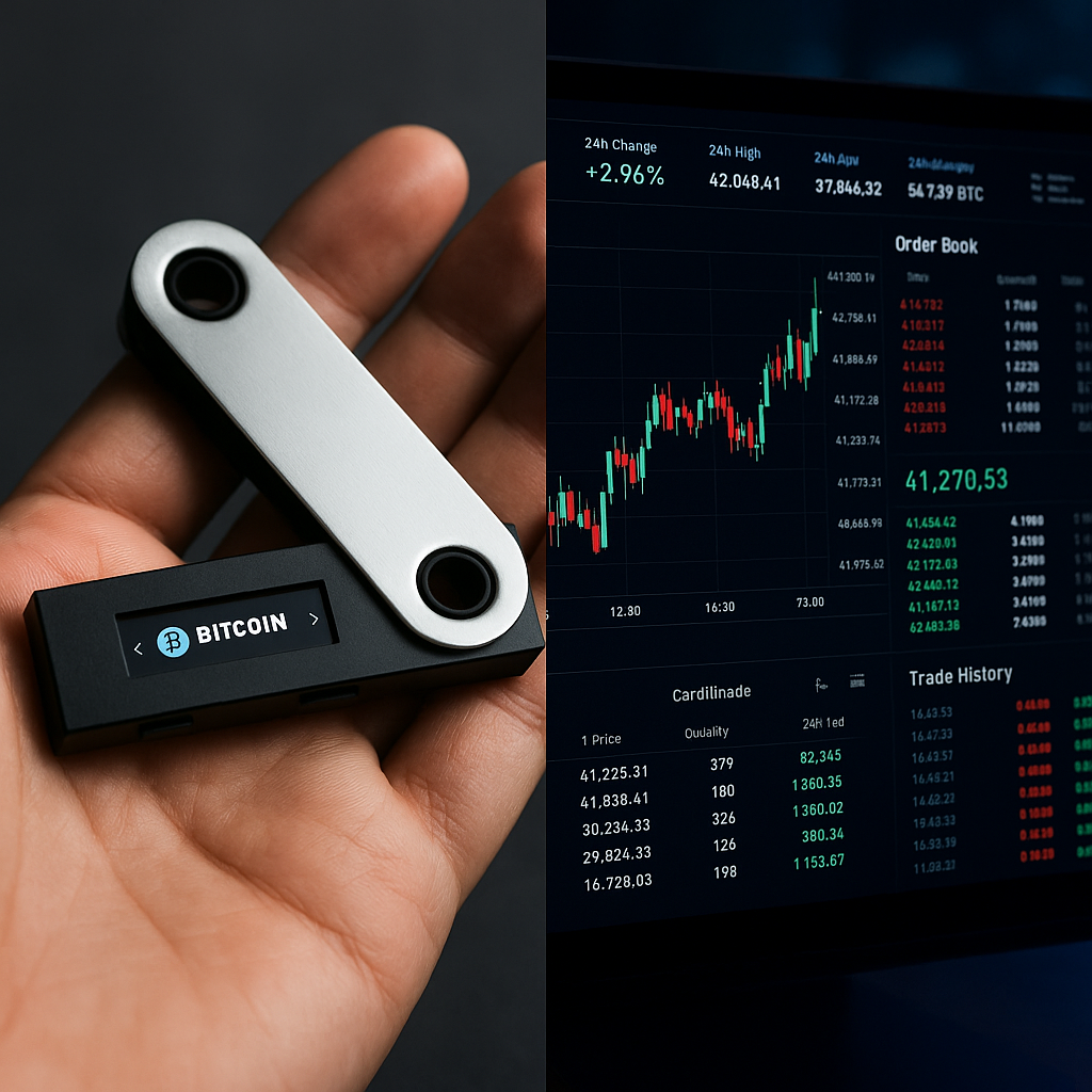 Split image showing a secure hardware crypto wallet and a busy cryptocurrency exchange interface