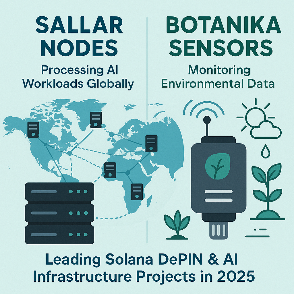 Infographic of Sallar nodes processing AI workloads worldwide and Botanika sensors tracking environmental data on Solana in 2025
