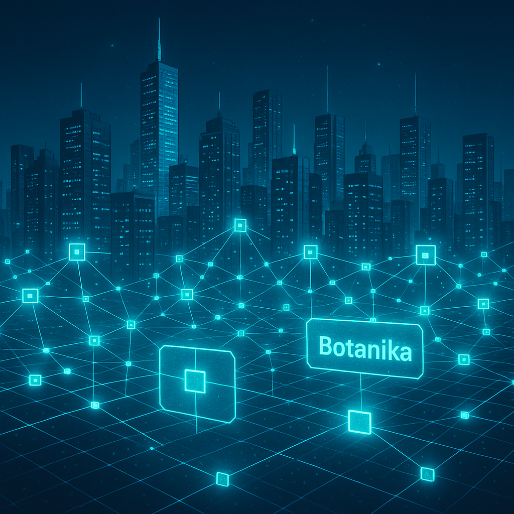 Futuristic cityscape powered by decentralized networks with digital nodes labeled Sallar and Botanika on the Solana blockchain