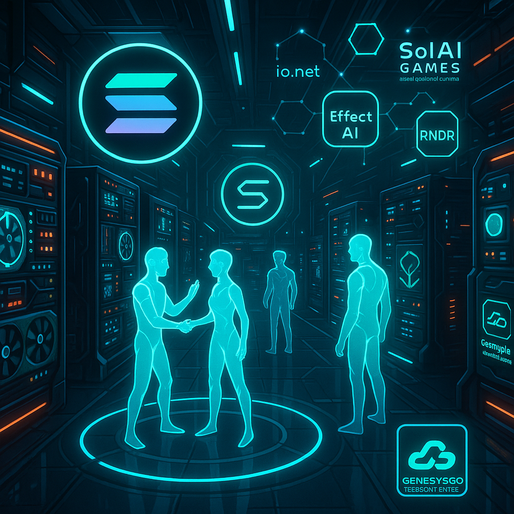 Futuristic Solana data center with glowing Solana logos, GPUs, AI avatars, and digital arena representing io.net, Render Network, Effect AI, GenesysGo Shadow Drive, and SolAI Games