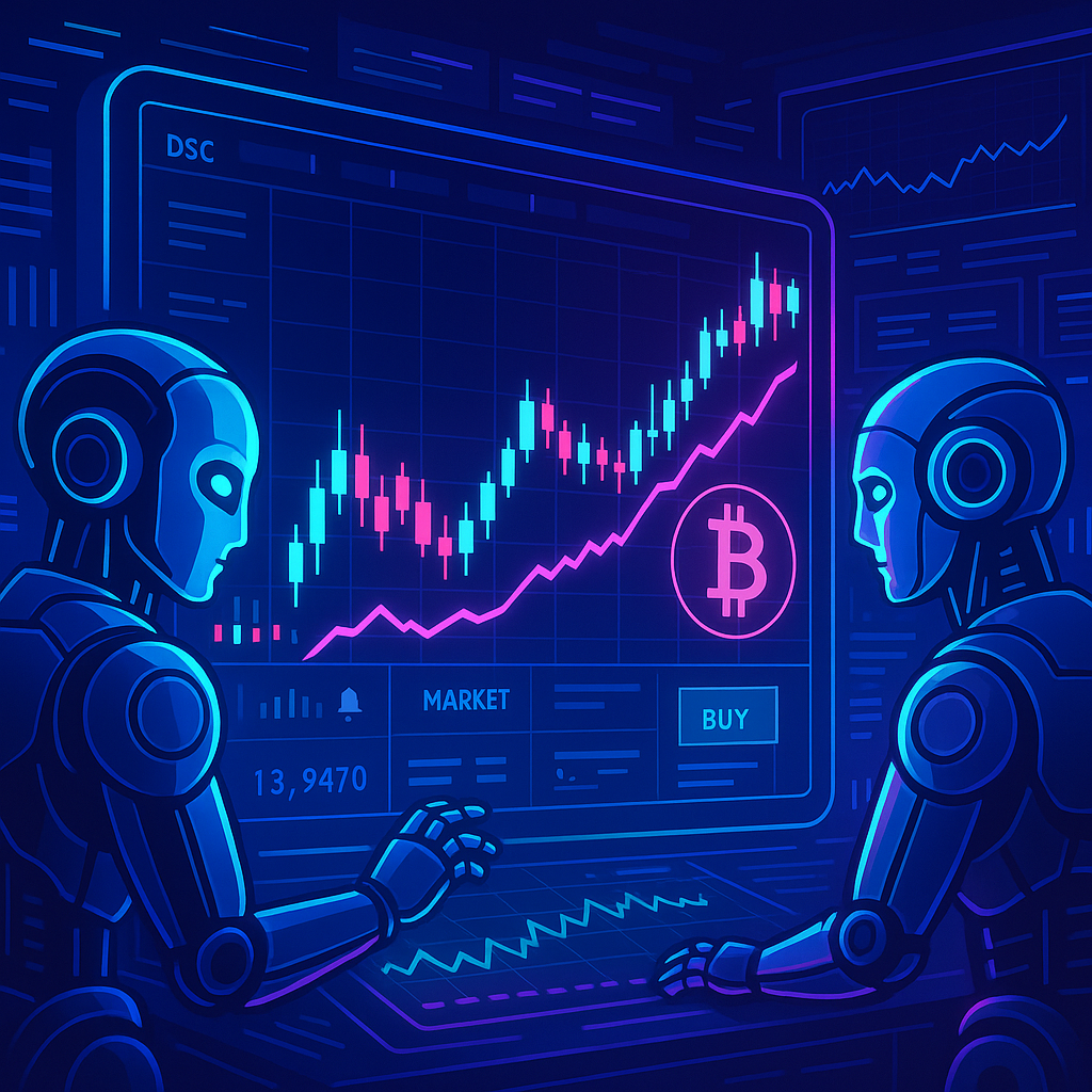 Futuristic AI bots analyzing cryptocurrency price charts on a digital trading dashboard