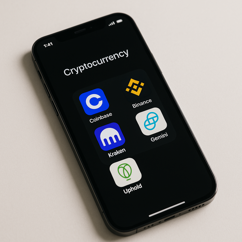 Modern smartphone displaying app icons for Coinbase, Kraken, Binance, Gemini, and Uphold, representing top fiat-to-crypto platforms in 2025