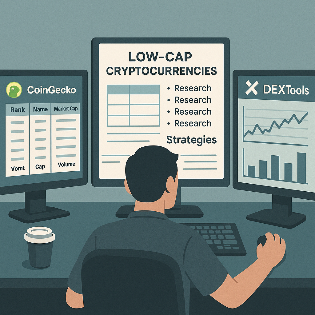 Small investor analyzing crypto strategies on multiple monitors with CoinGecko and DEXTools open, researching low cap gems