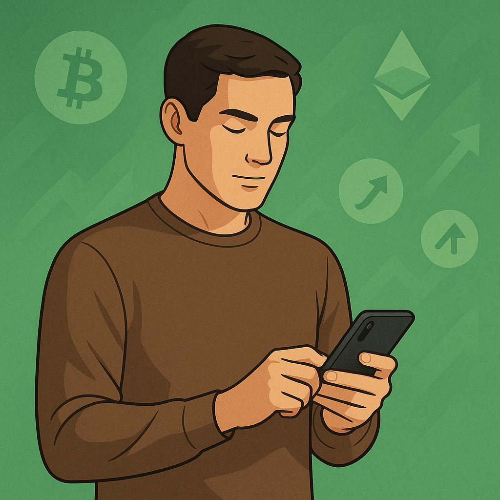 Calm investor checking crypto prices on phone with green bullish market background, representing disciplined crypto buying strategies