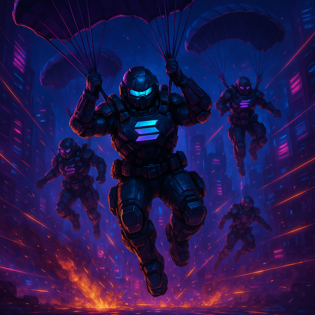 Futuristic squad parachuting into neon-lit Solnite battlefield in a next-gen battle royale game