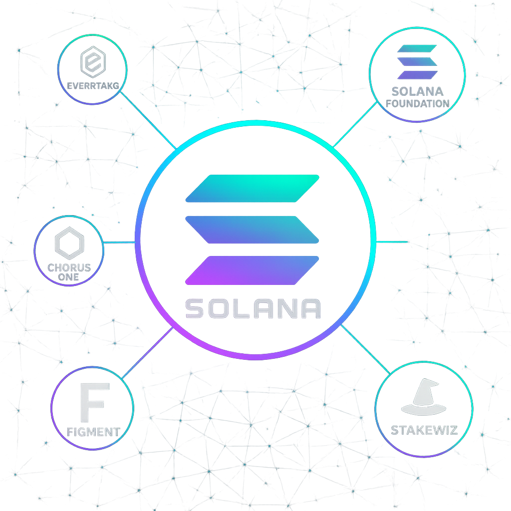 Solana logo surrounded by validator nodes representing Everstake, Solana Foundation, Chorus One, Figment, and Stakewiz for staking SOL in 2025