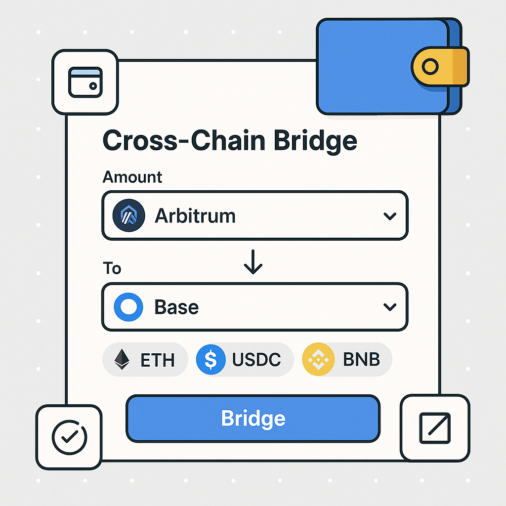 Cross-chain bridge interface showing wallet connection and token selection from Arbitrum, PulseChain, and BNB to Base chain