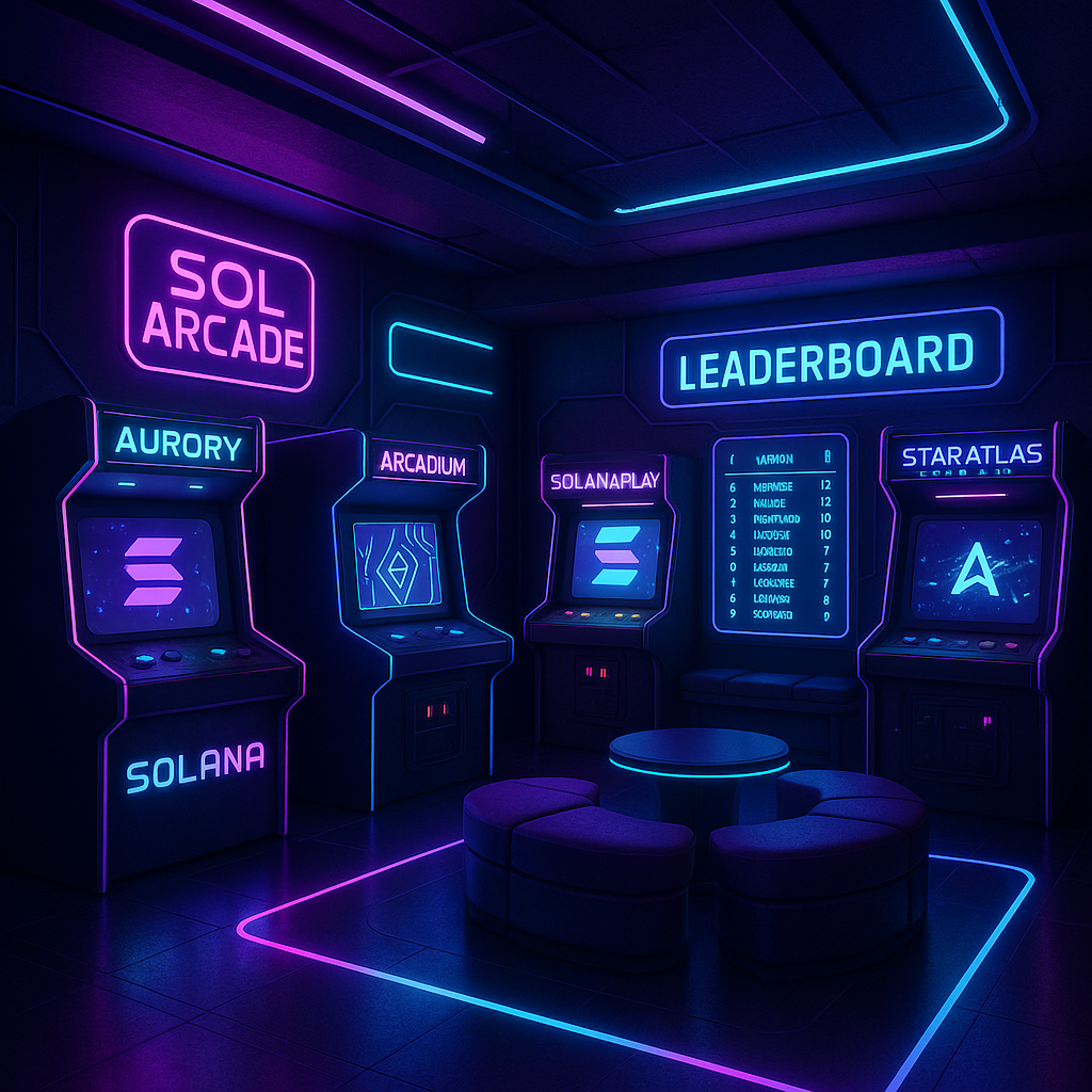 Futuristic Solana arcade lounge with neon lights, digital leaderboards, and logos of Sol Arcade, Aurory Arcade, Arcadeum, SolanaPlay, and Star Atlas Mini-Games