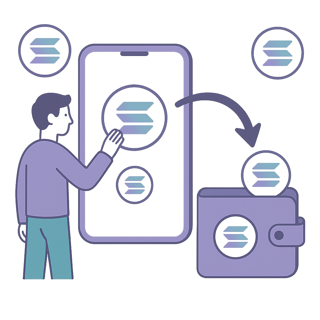 a user transferring SOL tokens into a digital wallet, Solana logos, clear transaction flow, secure and user-friendly