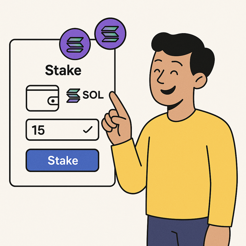 user entering amount to stake in wallet interface, confirmation screen, Solana tokens, happy user