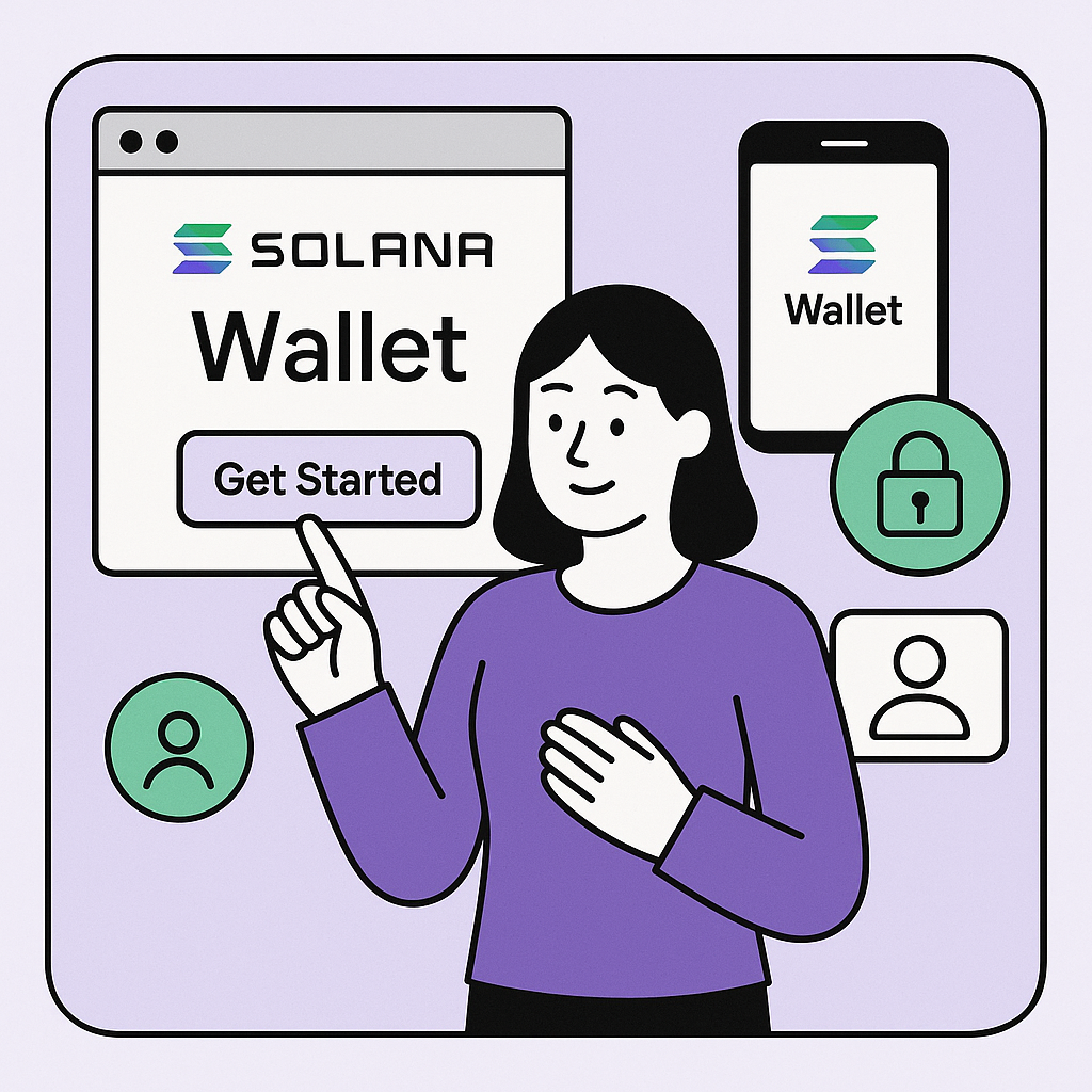 a modern digital wallet interface with Solana logo, browser extension and mobile app, user setting up account, secure and inviting