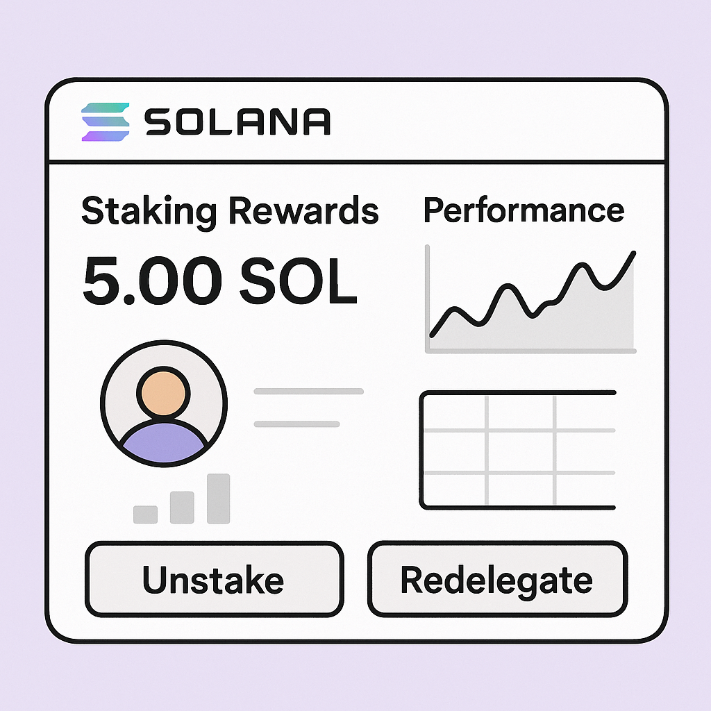 wallet dashboard showing staking rewards, performance graphs, option to unstake or redelegate, Solana branding